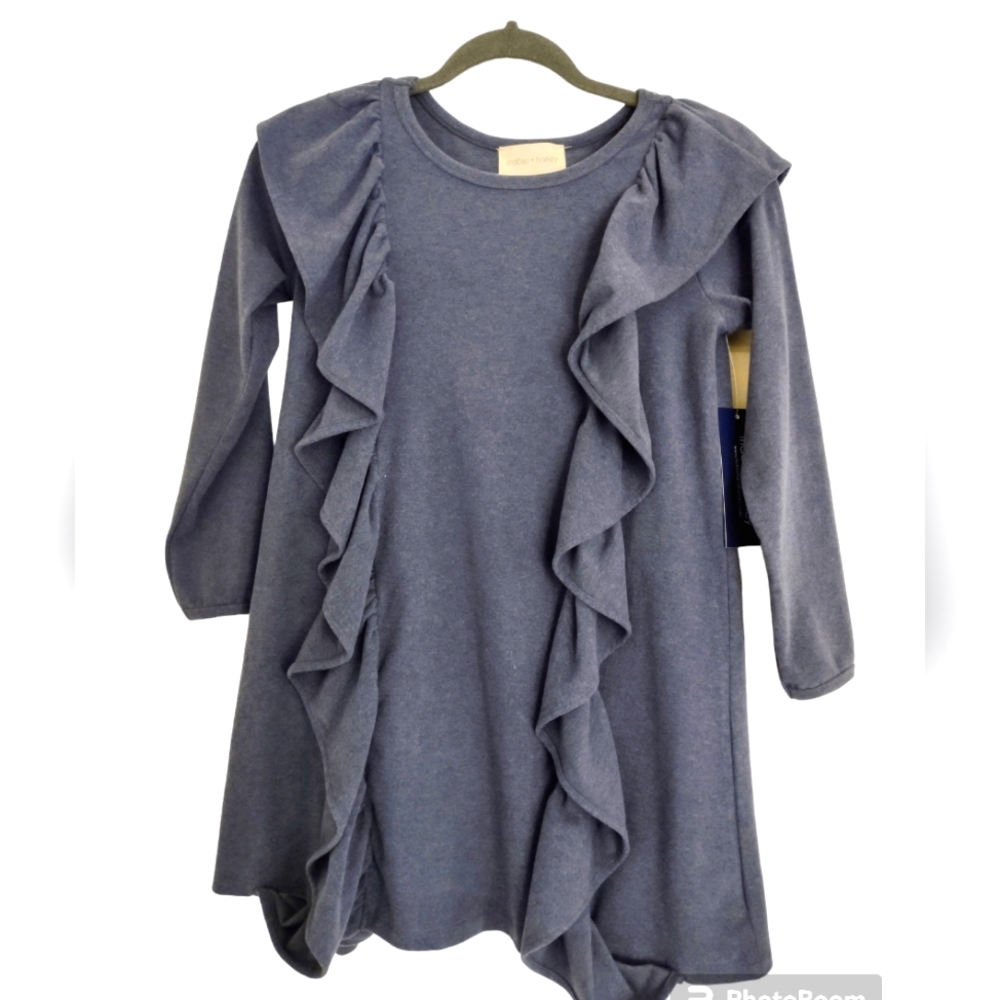 New mabel & Honey soft woven dress girls Size 8 NWT Long Sleeve Ruffle Gray Blue